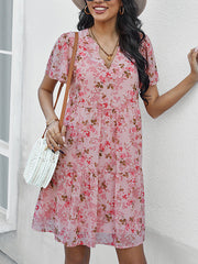 V neck short sleev floral printed women shift dresses