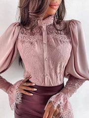 Round neck women lace sexy long sleeve blouses