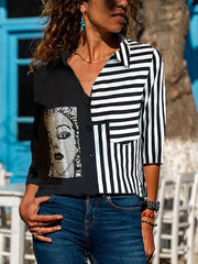 Spring paper printed button turn down neck women blouses