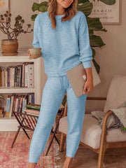 Casual Two-piece solid color long sleeve round neck suit for women