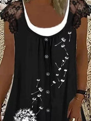 Loose Round neck buttoned short sleeve printed mini dresses for women