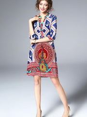 Boutique Printing V-Neck Half Sleeve Real Silk Loose Mini Dress