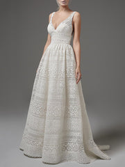 Deep V-Neck Hollow Out Plain Lace Wedding Evening Dress