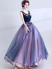 Embroidery Lace Contrast Deep V Neck Mesh Stereo Flowers Evening Dresses