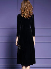 Black Printing Zipper V-Neck Long Sleeves Midi A-Line Maxi Dresses For Autumn