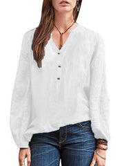 Casual women daily v neck button design long sleeve plain blouses