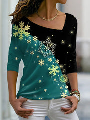 Women snow printed irregular long sleeve T-shirts