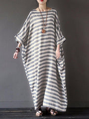 Retro Striped Loose Ramie Cotton Maxi Dress