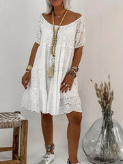 White Cotton-Blend Short Sleeve Casual Floral Shift Dresses