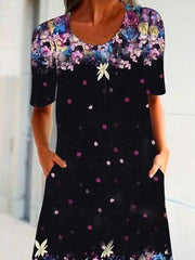 Black Floral Shift Short Sleeve Crew Neck Dresses