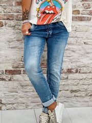 Blue Denim Simple Solid Pockets Pants