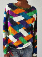 Multicolor Cotton-Blend Casual Scoop Neckline Checkered/plaid Sweater