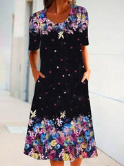 Black Floral Shift Short Sleeve Crew Neck Dresses