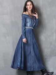 Embroidery Solid Color Sashes Slash Neck Long Sleeves Maxi Dresses