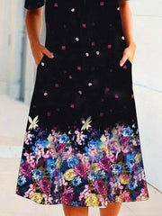 Black Floral Shift Short Sleeve Crew Neck Dresses