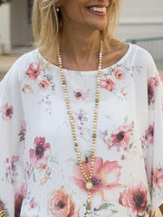 White Half Sleeve Floral Crew Neck Casual Shirts & Tops