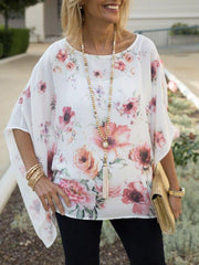 White Half Sleeve Floral Crew Neck Casual Shirts & Tops