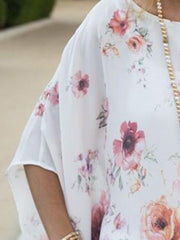 White Half Sleeve Floral Crew Neck Casual Shirts & Tops