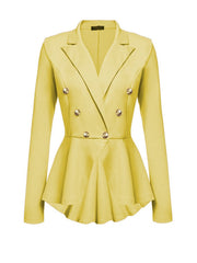 Notch Lapel Ruffled Hem Decorative Button Plain Blazer