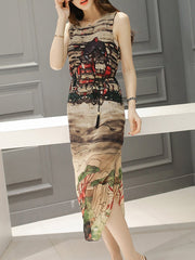 Awesome Printed  Round Neck  Slit  Chiffon Maxi Dress
