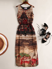 Awesome Printed  Round Neck  Slit  Chiffon Maxi Dress
