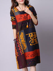 Casual Tribal Printed Round Neck Shift Dress