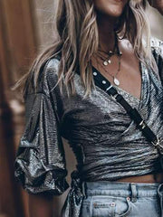 Fashion Embossed V-neck Flared Sleeves T-shirts