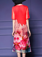 V-Neck Floral Printed Midi Shift Dress
