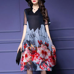 V-Neck Floral Printed Midi Shift Dress