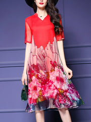 V-Neck Floral Printed Midi Shift Dress