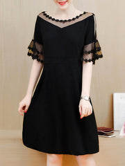 See-Through Solid Bell Sleeve Skater Dress In Black