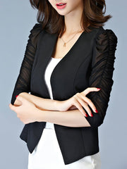 Single Button Hollow Out Plain Puff Sleeve Blazer