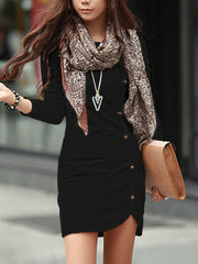 Round Neck Plain Decorative Button Bodycon Dress