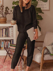 Casual Two-piece solid color long sleeve round neck suit for women