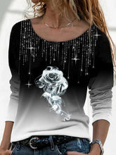 Black Floral Ombre/Tie-Dye Printed Rhinestone Casual Long Sleeve Shift Shirts & Tops