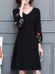 V-Neck Embroidery Plain Cotton Skater Dress