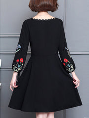 V-Neck Embroidery Plain Cotton Skater Dress