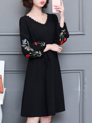 V-Neck Embroidery Plain Cotton Skater Dress