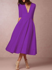 Sexy Deep V-Neck Solid Midi Skater Dress