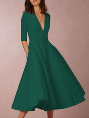 Sexy Deep V-Neck Solid Midi Skater Dress