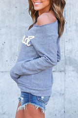 Open Shoulder  Kangaroo Pocket  Letters Sweatshirts