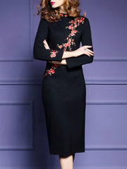 Band Collar Embroidery Slit Midi Bodycon Dress