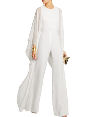 Solid Cape Sleeve Hollow Out Chiffon Wide-Leg Jumpsuit