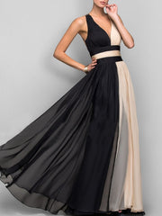 Deep V-Neck Color Block Chiffon Evening Dress