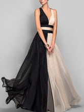 Deep V-Neck Color Block Chiffon Evening Dress
