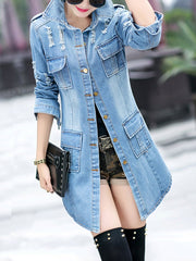 Distressed Flap Pocket Denim Light Wash Trench Coat