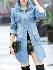 Distressed Flap Pocket Denim Light Wash Trench Coat