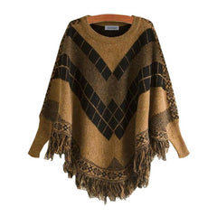 O-Neck Jacquard Tassel Cloak Batwing Pullovers Knitwear