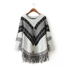 O-Neck Jacquard Tassel Cloak Batwing Pullovers Knitwear