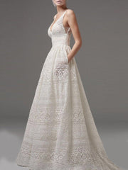 Deep V-Neck Hollow Out Plain Lace Wedding Evening Dress